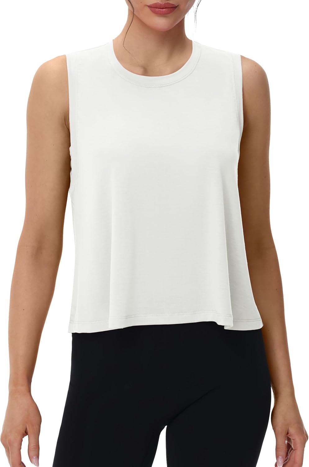 imageMAGCOMSEN Womens Workout Tank Tops Crop Sleeveless Athletic Moisture Wicking Loose Fit Summer ShirtWhite