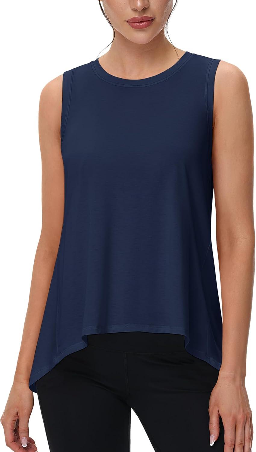 imageMAGCOMSEN Womens Workout Tank Tops Loose Fit Gym Yoga Sleeveless Shirts Athletic Running Tops FlowyNavyblue