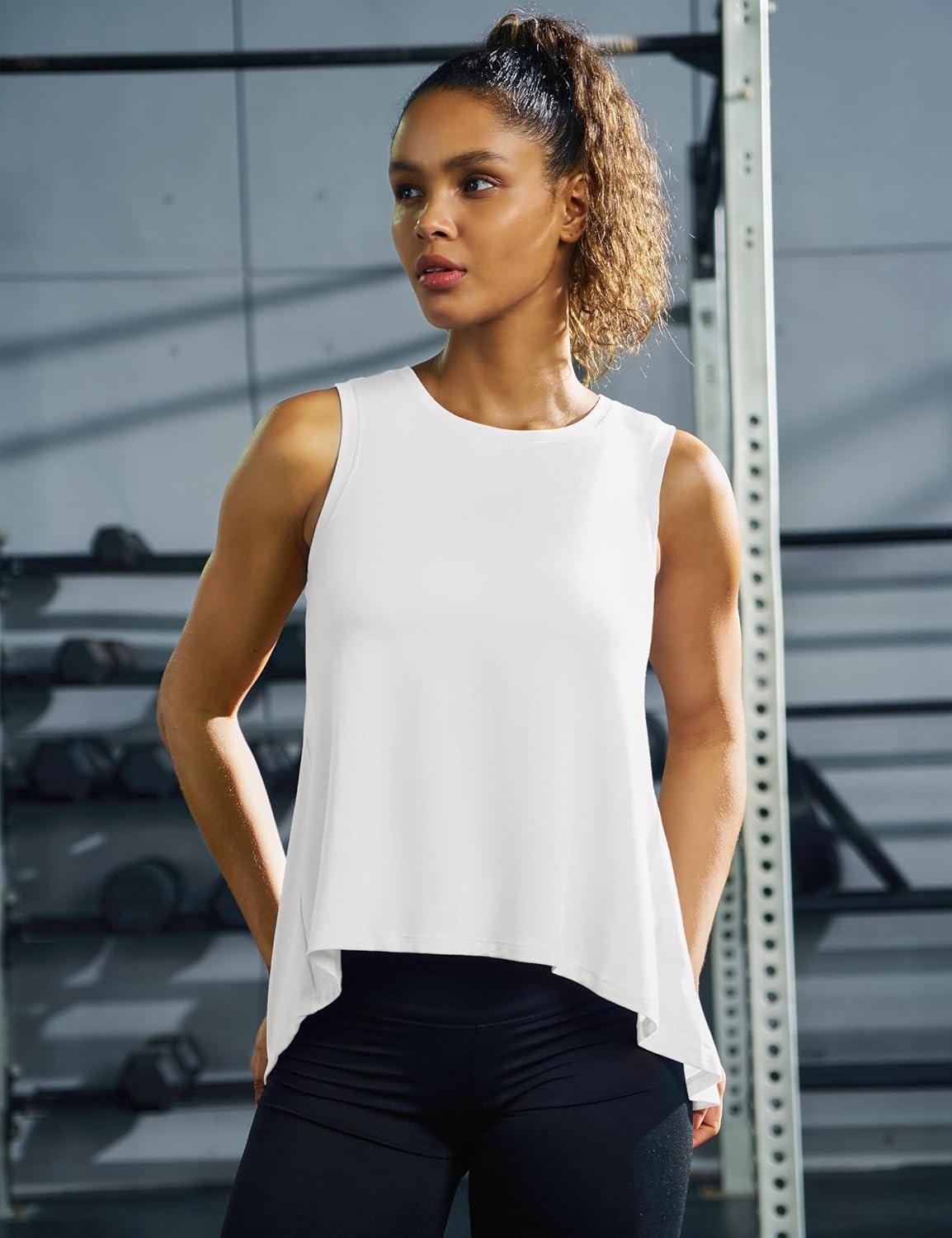 imageMAGCOMSEN Womens Workout Tank Tops Loose Fit Gym Yoga Sleeveless Shirts Athletic Running Tops FlowyWhite