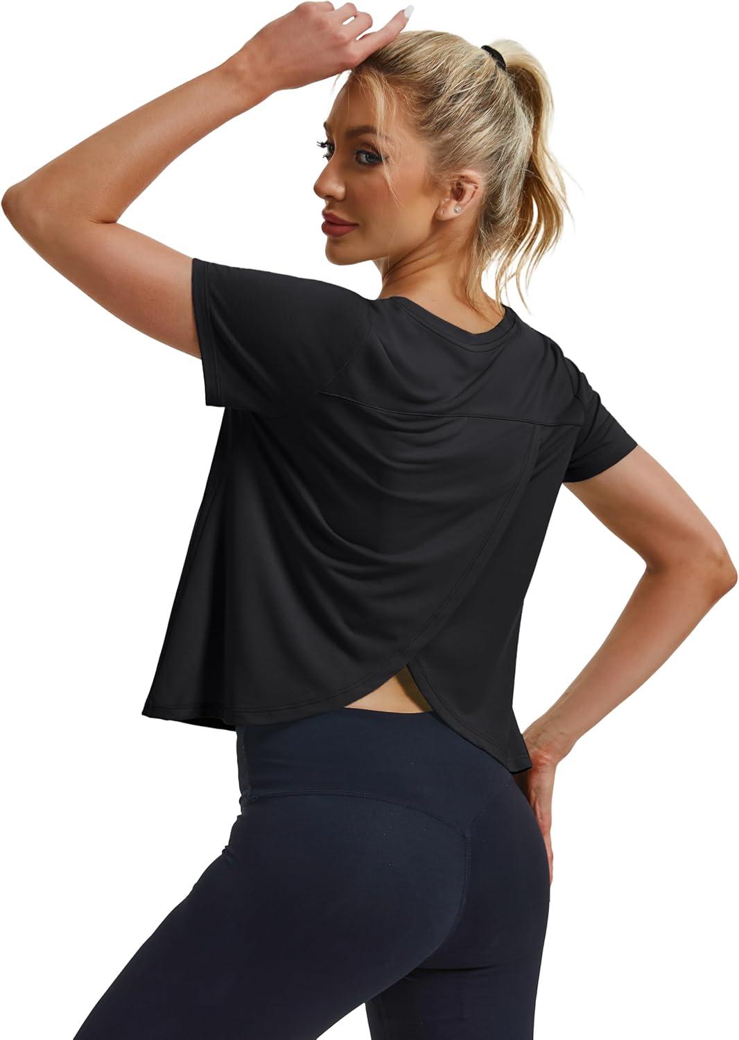 imageMAGCOMSEN Womens Workout Tops Short Sleeve Athletic Shirts Crop Split Back Tops Gym Running Quick Dry Loose FitBlack