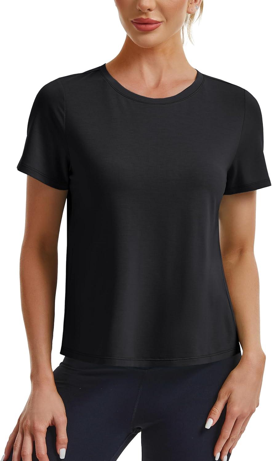 imageMAGCOMSEN Womens Workout Tops Short Sleeve Athletic Shirts Crop Split Back Tops Gym Running Quick Dry Loose FitBlack