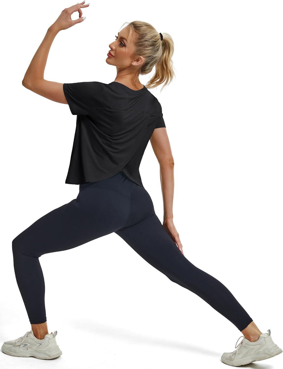 imageMAGCOMSEN Womens Workout Tops Short Sleeve Athletic Shirts Crop Split Back Tops Gym Running Quick Dry Loose FitBlack