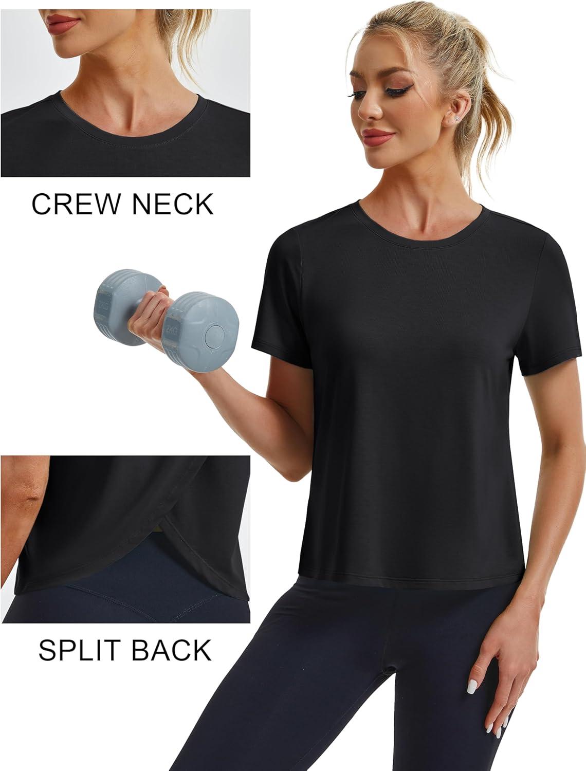 imageMAGCOMSEN Womens Workout Tops Short Sleeve Athletic Shirts Crop Split Back Tops Gym Running Quick Dry Loose FitBlack
