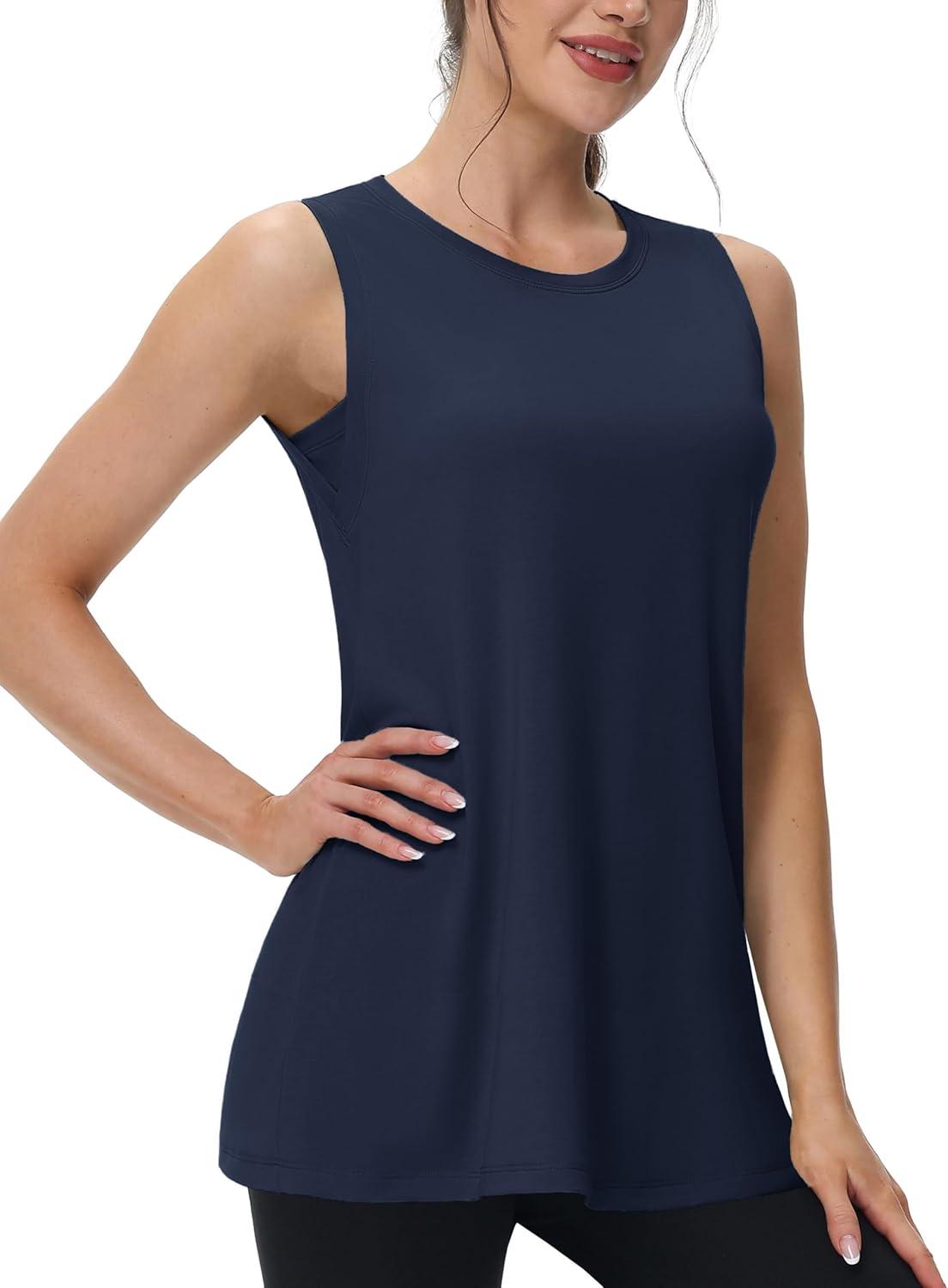 imageMAGCOMSEN Workout Tank Tops for Women Loose Fit Sleeveless Tops Quick Dry Lightweight Athletic Gym Yoga Exercise ShirtsNavyblue