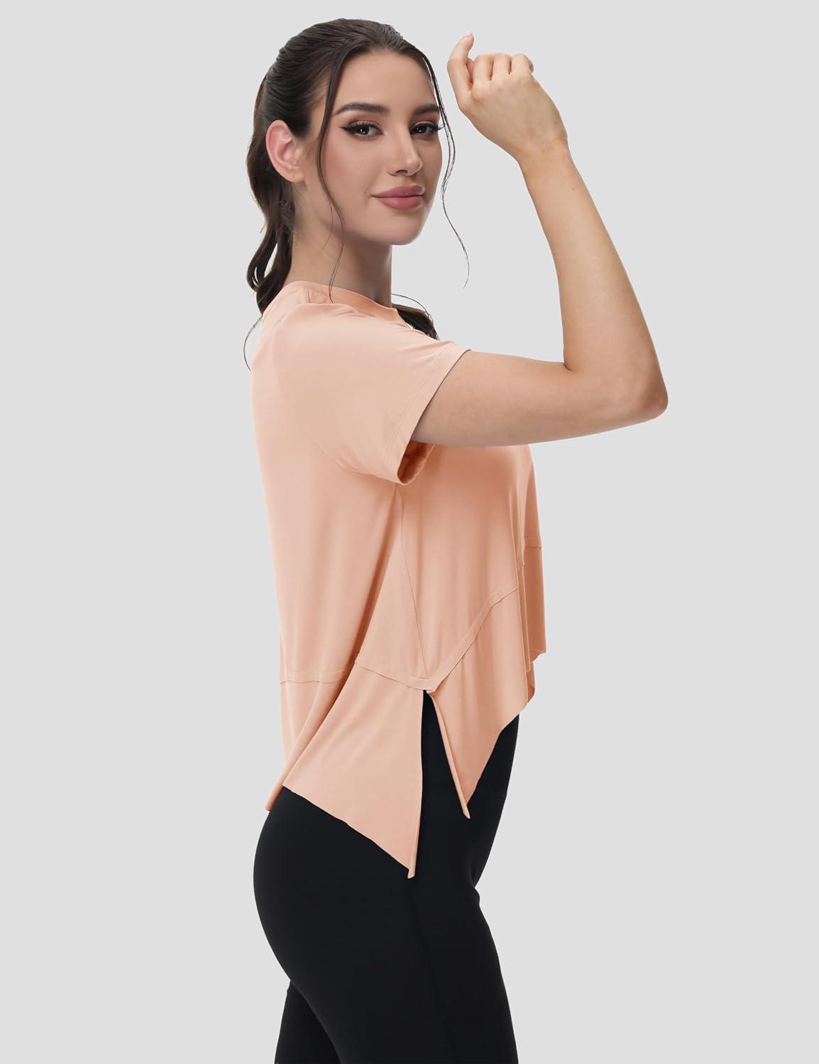 imageMAGCOMSEN Workout Top for Women Short Sleeve Athletic Yoga Crop Shirts Flowy Side Slit Loose Fit Tee Gym YogaApricot