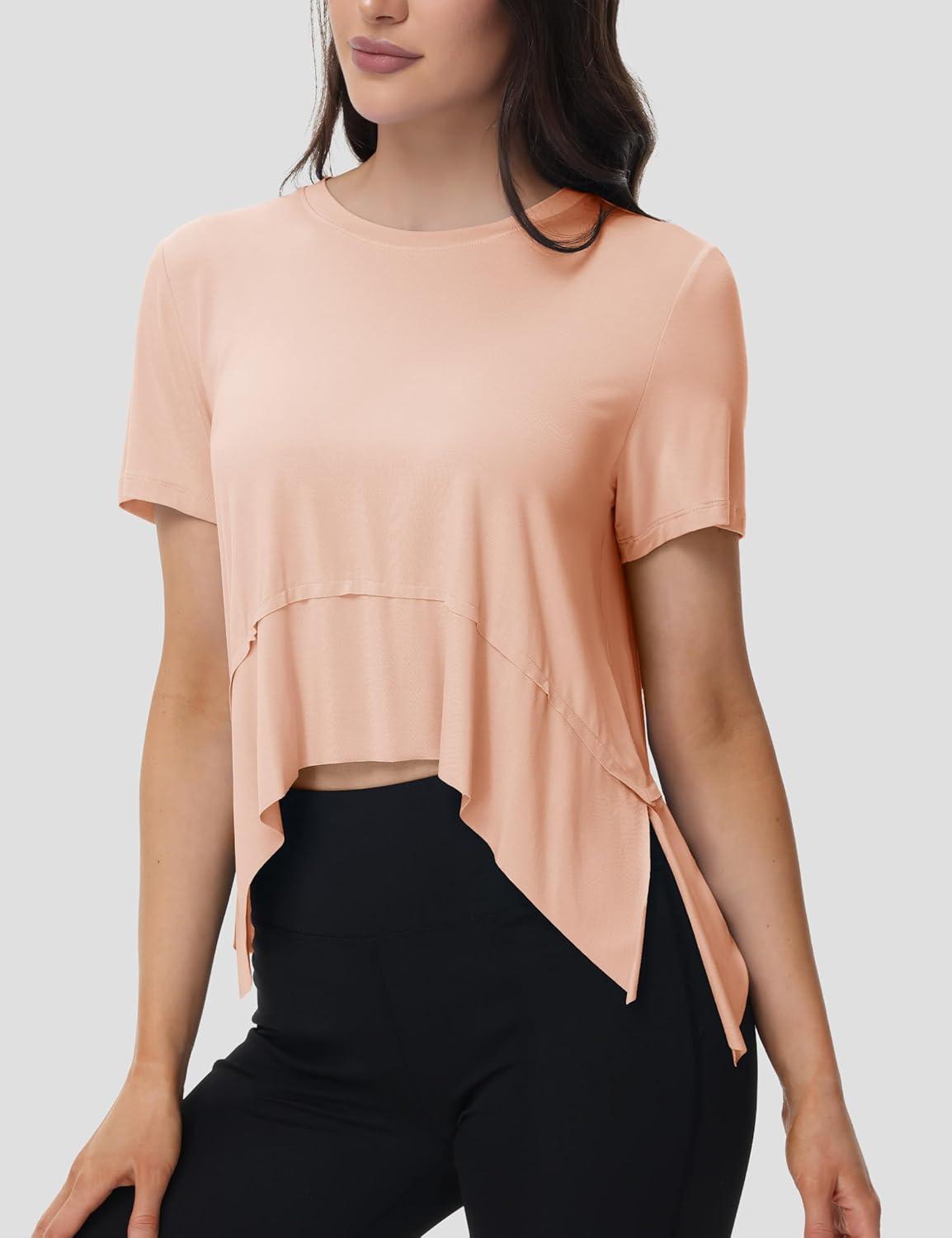 imageMAGCOMSEN Workout Top for Women Short Sleeve Athletic Yoga Crop Shirts Flowy Side Slit Loose Fit Tee Gym YogaApricot