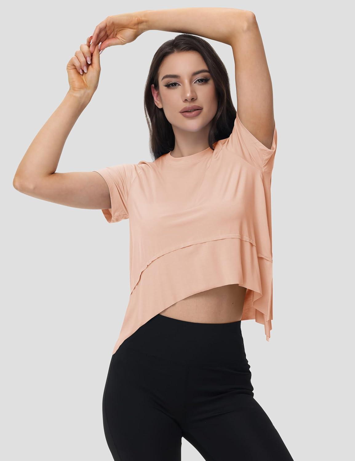 imageMAGCOMSEN Workout Top for Women Short Sleeve Athletic Yoga Crop Shirts Flowy Side Slit Loose Fit Tee Gym YogaApricot