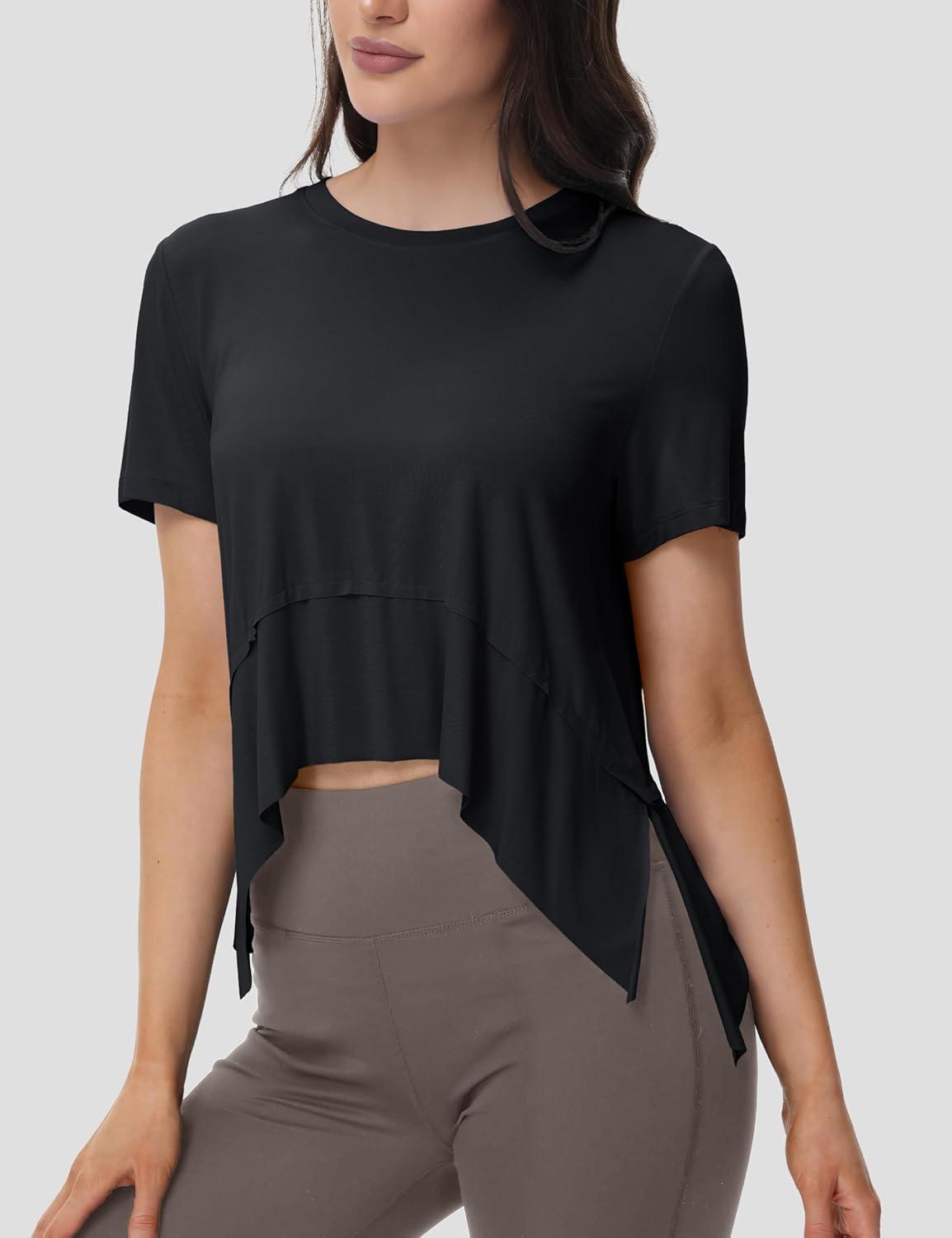 imageMAGCOMSEN Workout Top for Women Short Sleeve Athletic Yoga Crop Shirts Flowy Side Slit Loose Fit Tee Gym YogaBlack