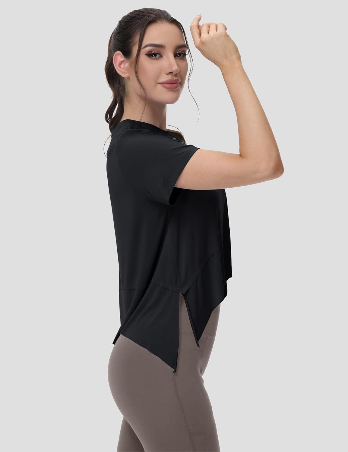 imageMAGCOMSEN Workout Top for Women Short Sleeve Athletic Yoga Crop Shirts Flowy Side Slit Loose Fit Tee Gym YogaBlack