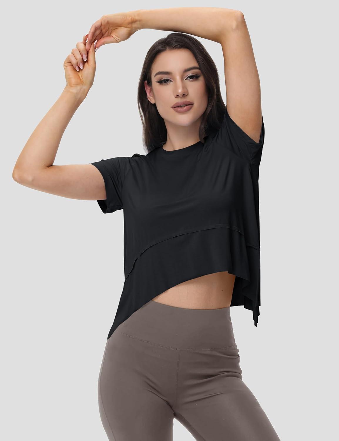 imageMAGCOMSEN Workout Top for Women Short Sleeve Athletic Yoga Crop Shirts Flowy Side Slit Loose Fit Tee Gym YogaBlack