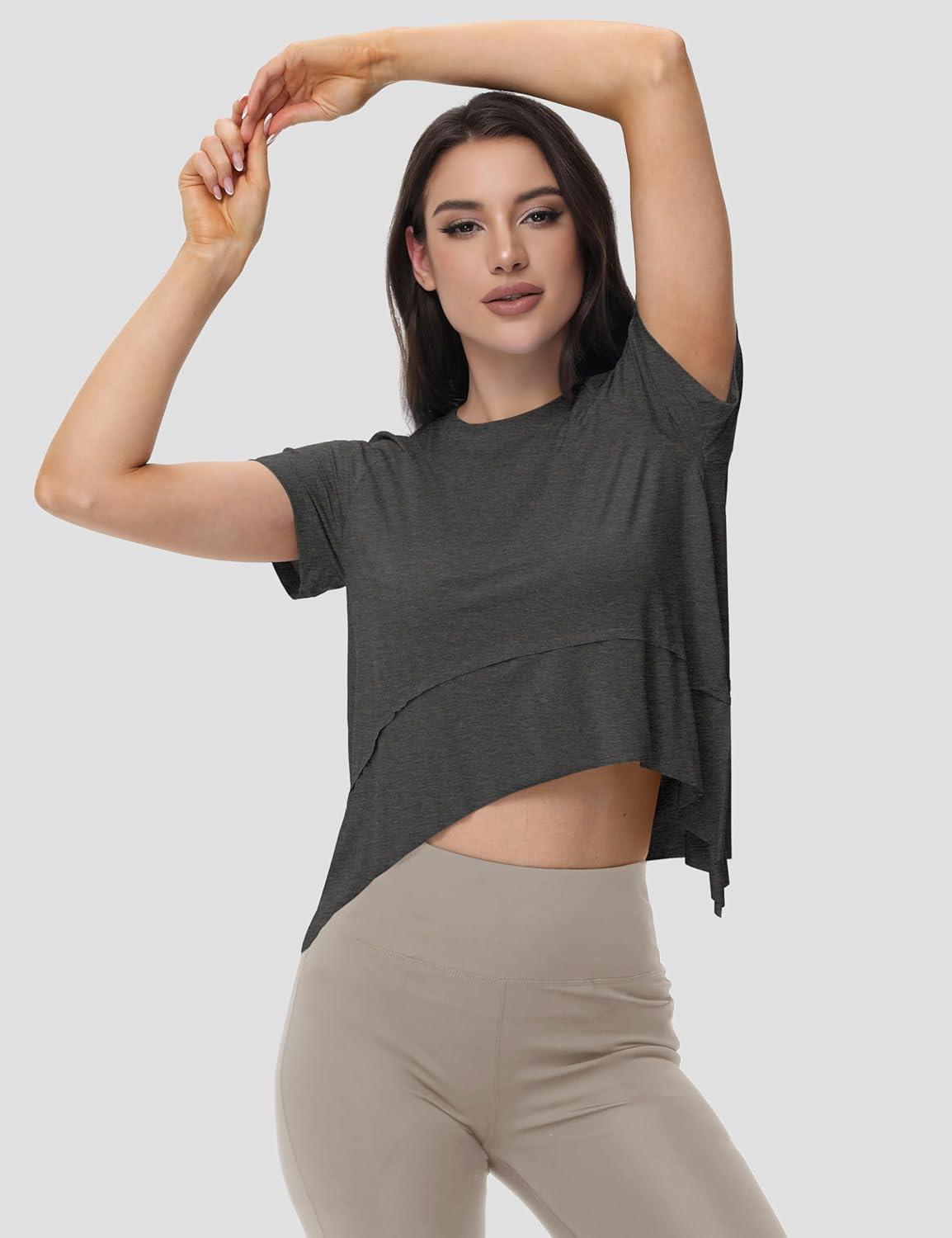 imageMAGCOMSEN Workout Top for Women Short Sleeve Athletic Yoga Crop Shirts Flowy Side Slit Loose Fit Tee Gym YogaGrey