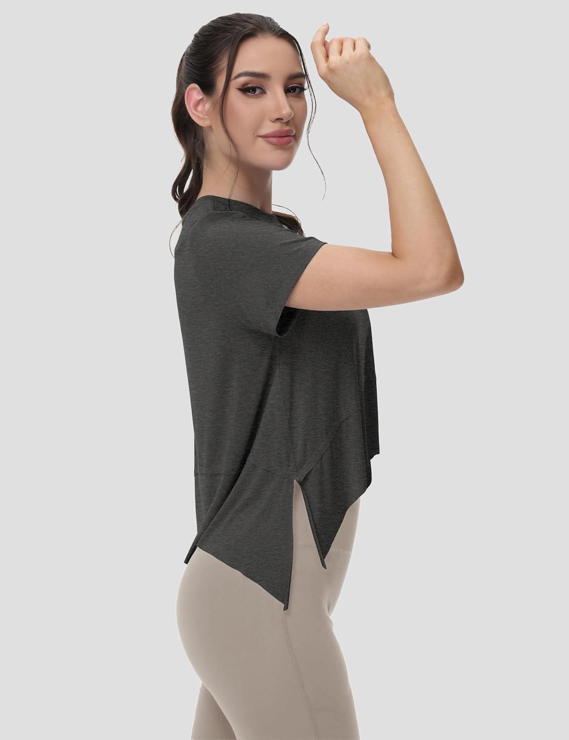 imageMAGCOMSEN Workout Top for Women Short Sleeve Athletic Yoga Crop Shirts Flowy Side Slit Loose Fit Tee Gym YogaGrey