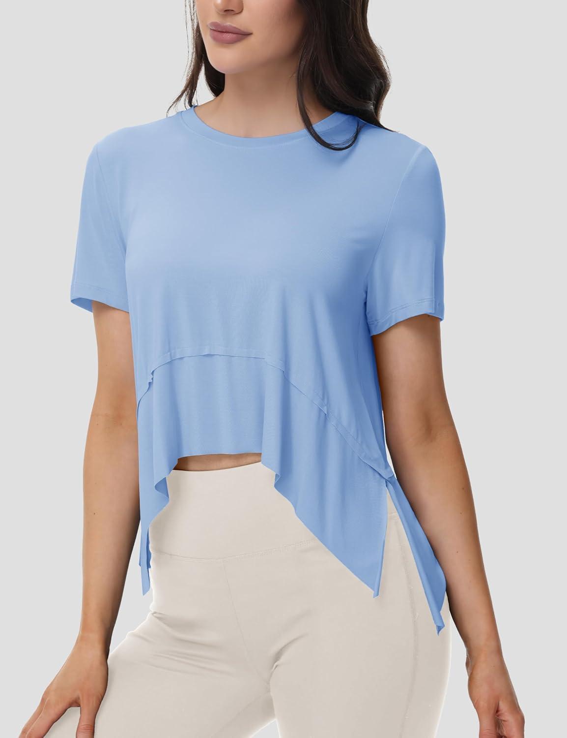 imageMAGCOMSEN Workout Top for Women Short Sleeve Athletic Yoga Crop Shirts Flowy Side Slit Loose Fit Tee Gym YogaLight Blue