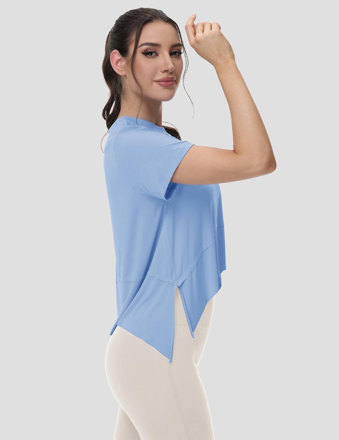 imageMAGCOMSEN Workout Top for Women Short Sleeve Athletic Yoga Crop Shirts Flowy Side Slit Loose Fit Tee Gym YogaLight Blue