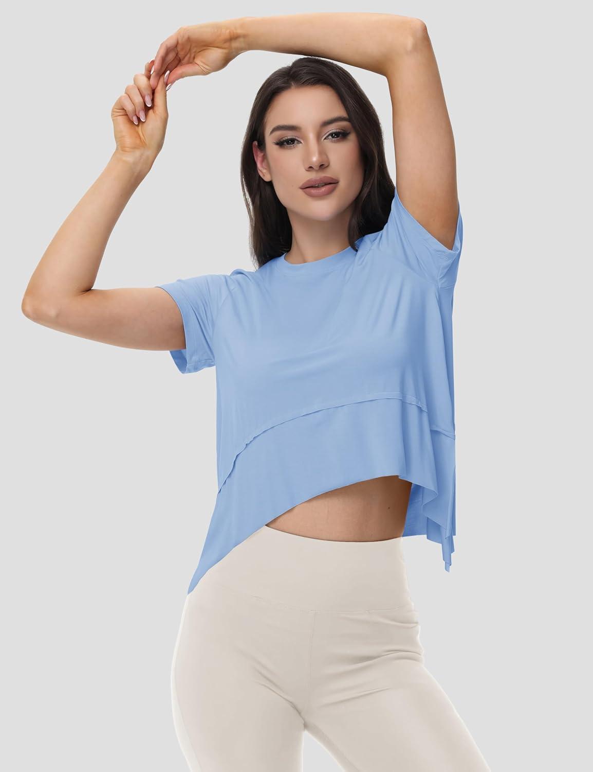 imageMAGCOMSEN Workout Top for Women Short Sleeve Athletic Yoga Crop Shirts Flowy Side Slit Loose Fit Tee Gym YogaLight Blue
