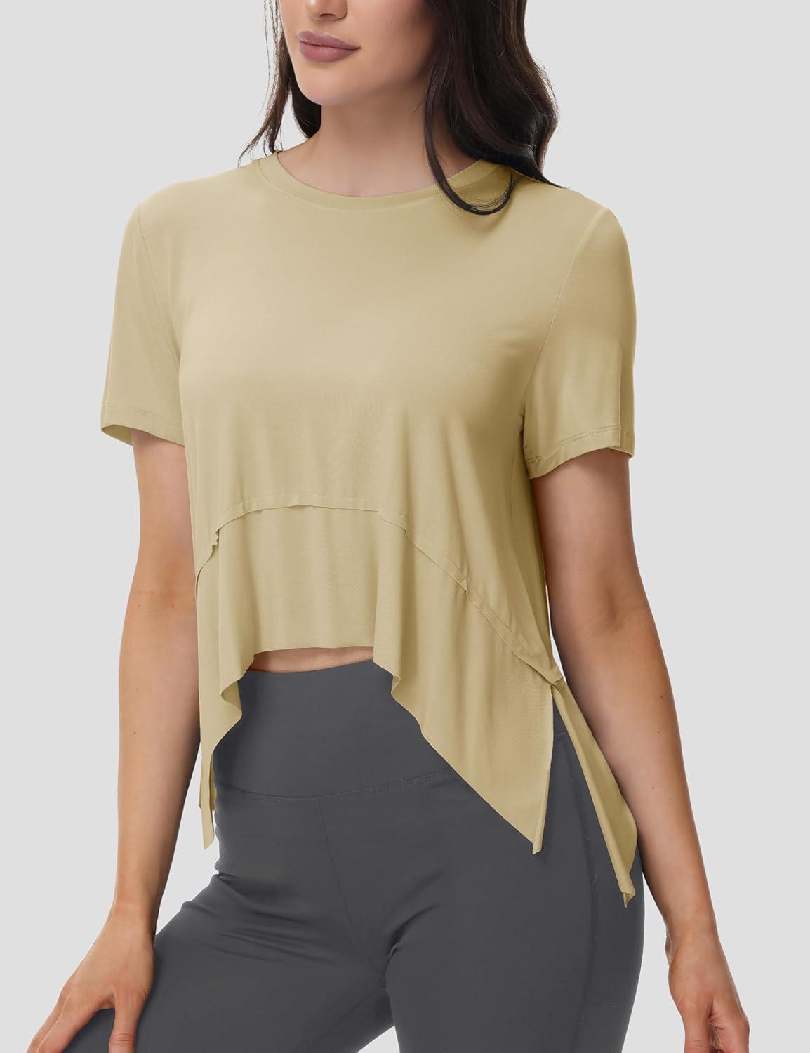 imageMAGCOMSEN Workout Top for Women Short Sleeve Athletic Yoga Crop Shirts Flowy Side Slit Loose Fit Tee Gym YogaLight Khaki
