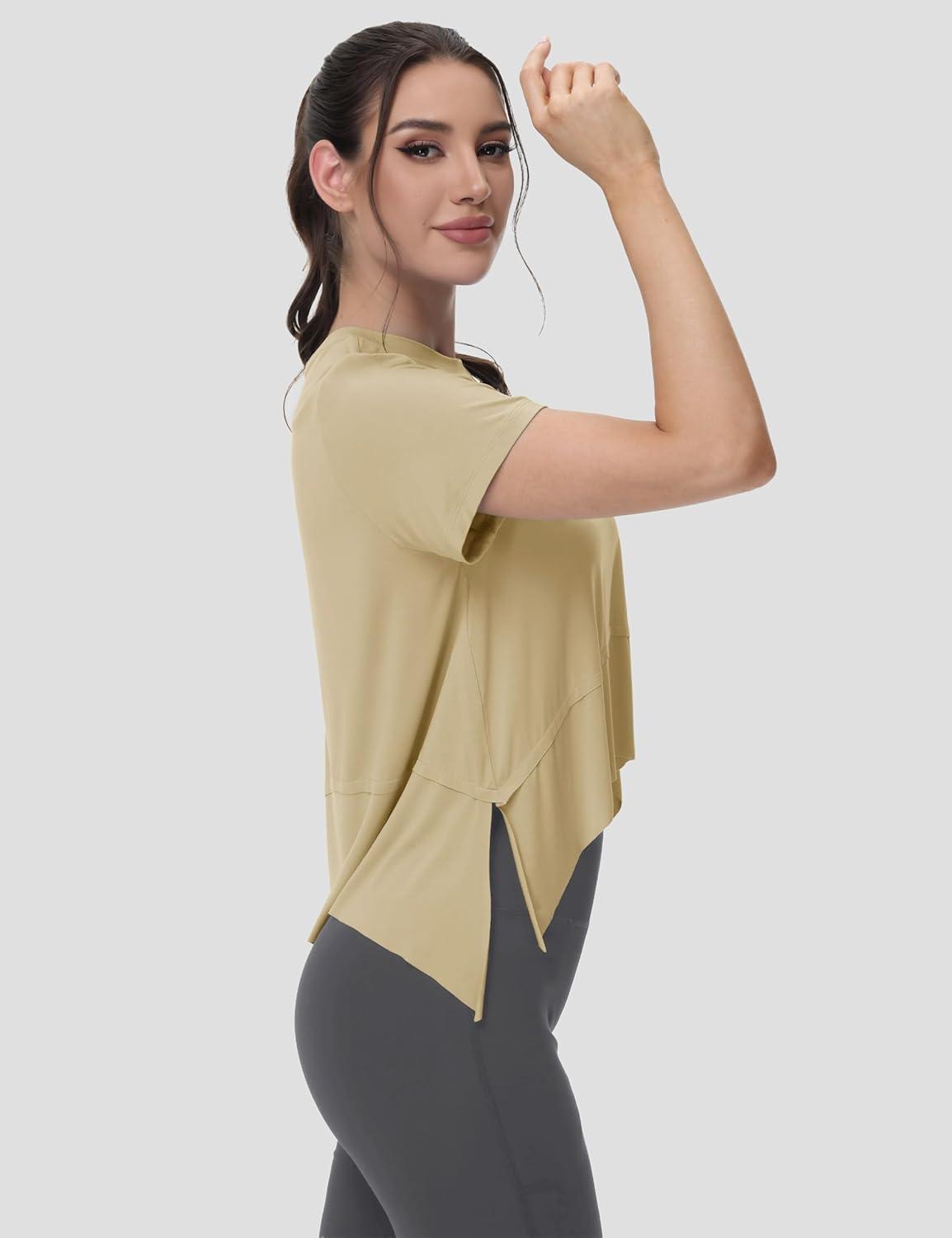 imageMAGCOMSEN Workout Top for Women Short Sleeve Athletic Yoga Crop Shirts Flowy Side Slit Loose Fit Tee Gym YogaLight Khaki