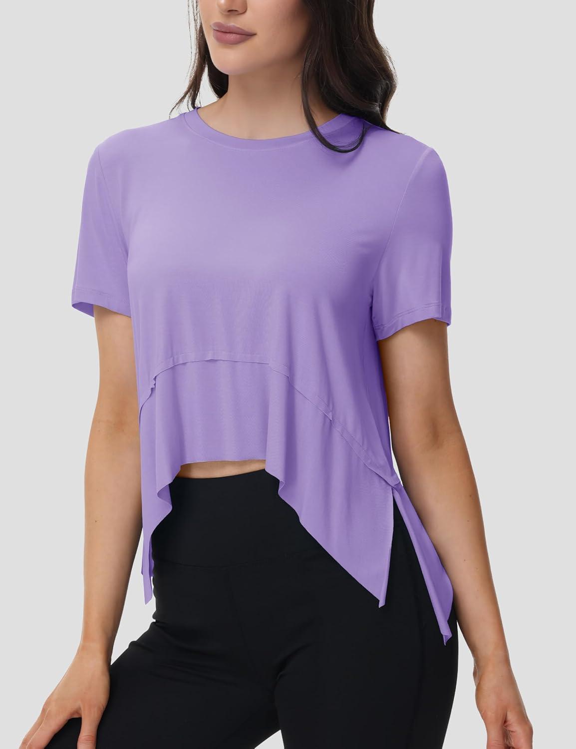 imageMAGCOMSEN Workout Top for Women Short Sleeve Athletic Yoga Crop Shirts Flowy Side Slit Loose Fit Tee Gym YogaTaro Purple