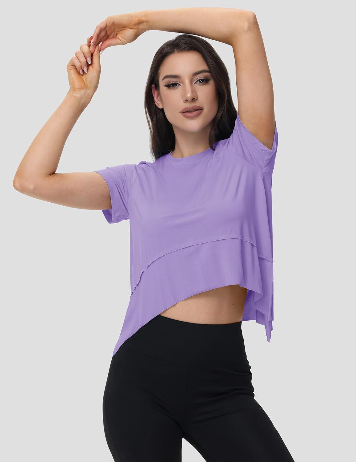 imageMAGCOMSEN Workout Top for Women Short Sleeve Athletic Yoga Crop Shirts Flowy Side Slit Loose Fit Tee Gym YogaTaro Purple