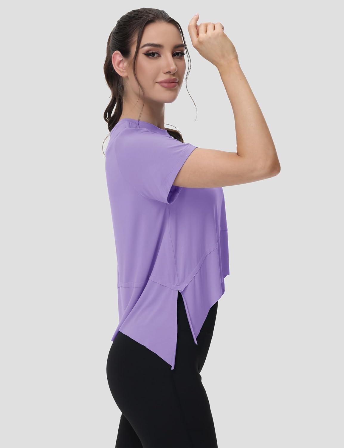 imageMAGCOMSEN Workout Top for Women Short Sleeve Athletic Yoga Crop Shirts Flowy Side Slit Loose Fit Tee Gym YogaTaro Purple