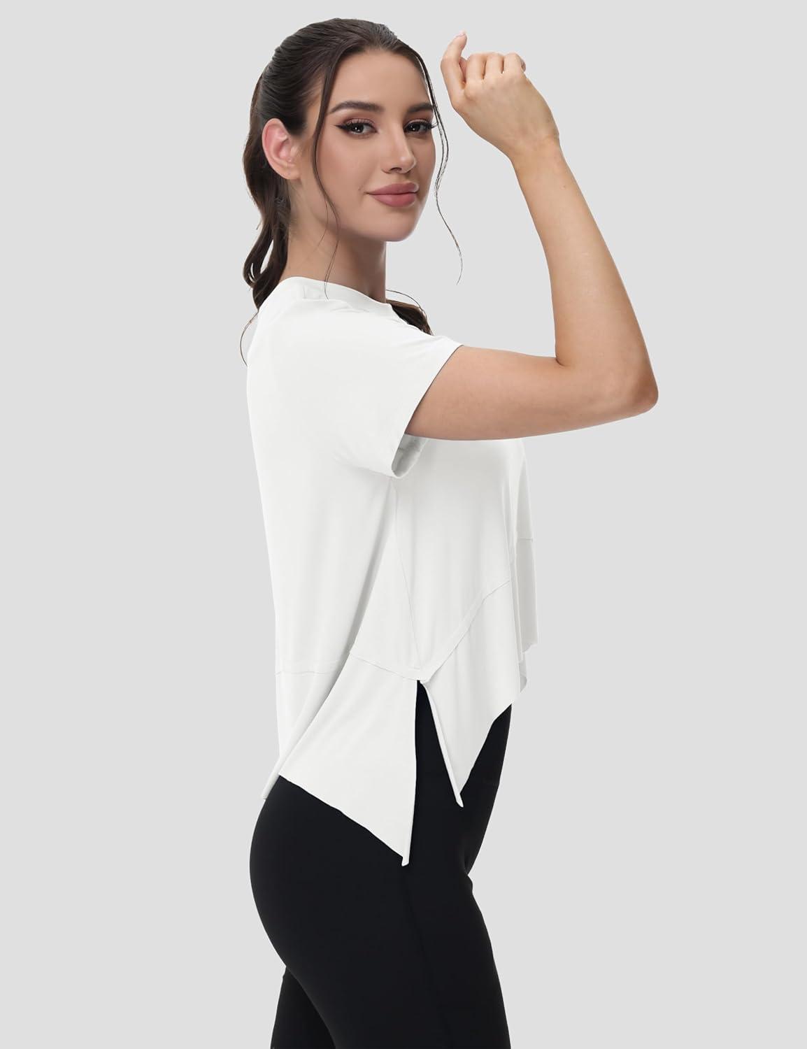 imageMAGCOMSEN Workout Top for Women Short Sleeve Athletic Yoga Crop Shirts Flowy Side Slit Loose Fit Tee Gym YogaWhite