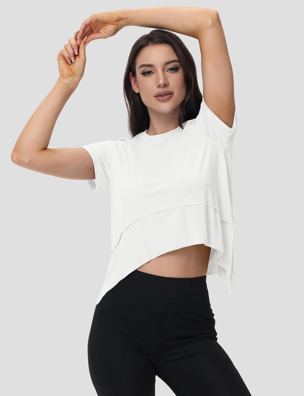 imageMAGCOMSEN Workout Top for Women Short Sleeve Athletic Yoga Crop Shirts Flowy Side Slit Loose Fit Tee Gym YogaWhite