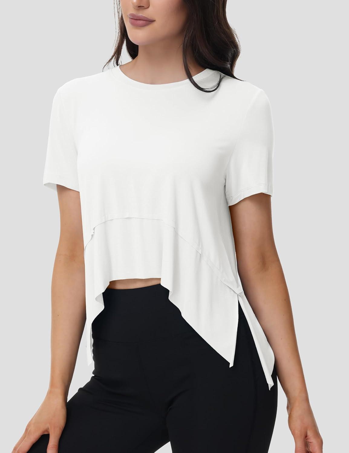 imageMAGCOMSEN Workout Top for Women Short Sleeve Athletic Yoga Crop Shirts Flowy Side Slit Loose Fit Tee Gym YogaWhite