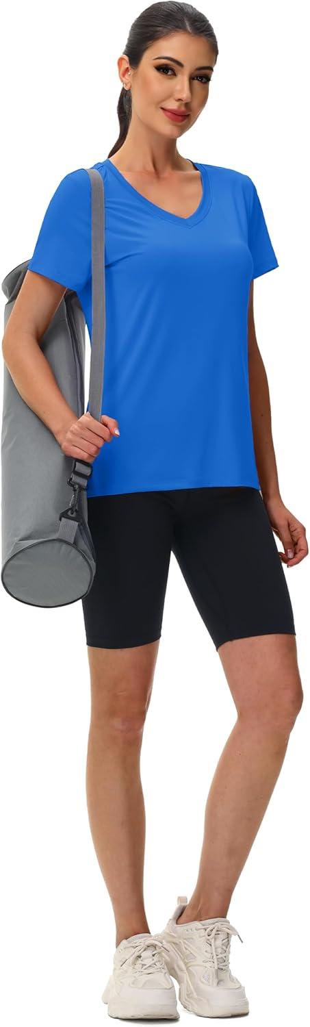 imageMAGCOMSEN Workout Tops for Women UPF 80 VNeck Short Sleeve Tee Shirt Quick Dry T Shirts Gym Athletic Yoga TopAzure