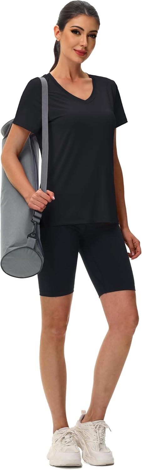 imageMAGCOMSEN Workout Tops for Women UPF 80 VNeck Short Sleeve Tee Shirt Quick Dry T Shirts Gym Athletic Yoga TopBlack