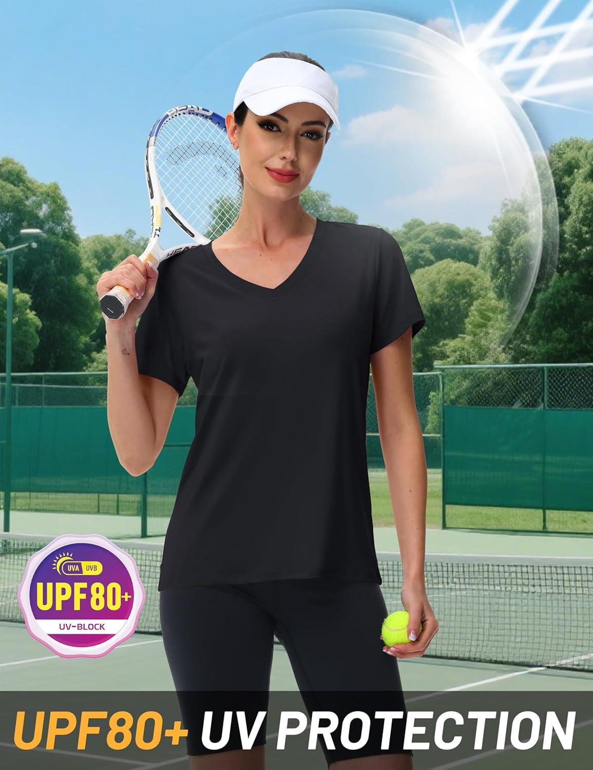 imageMAGCOMSEN Workout Tops for Women UPF 80 VNeck Short Sleeve Tee Shirt Quick Dry T Shirts Gym Athletic Yoga TopBlack