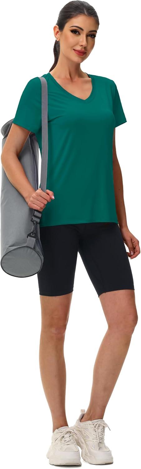 imageMAGCOMSEN Workout Tops for Women UPF 80 VNeck Short Sleeve Tee Shirt Quick Dry T Shirts Gym Athletic Yoga TopEgreen