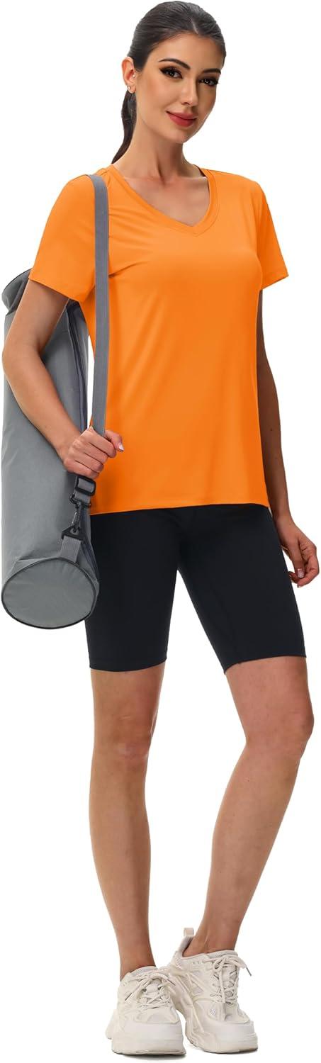 imageMAGCOMSEN Workout Tops for Women UPF 80 VNeck Short Sleeve Tee Shirt Quick Dry T Shirts Gym Athletic Yoga TopFrorange