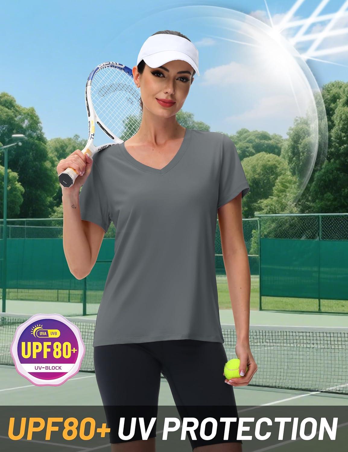 imageMAGCOMSEN Workout Tops for Women UPF 80 VNeck Short Sleeve Tee Shirt Quick Dry T Shirts Gym Athletic Yoga TopGray
