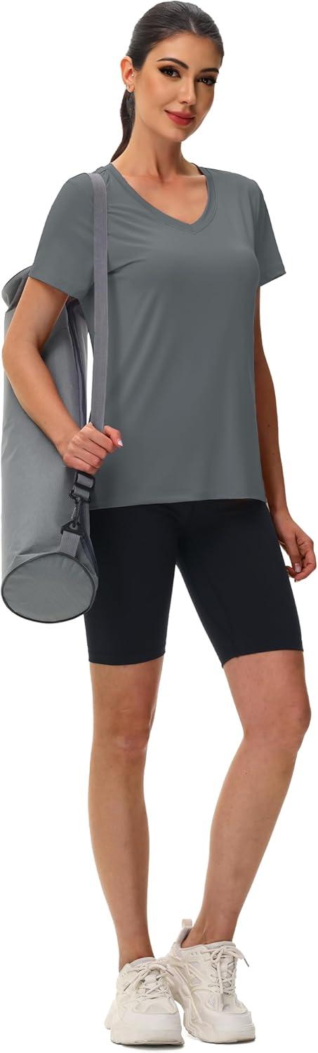 imageMAGCOMSEN Workout Tops for Women UPF 80 VNeck Short Sleeve Tee Shirt Quick Dry T Shirts Gym Athletic Yoga TopGray