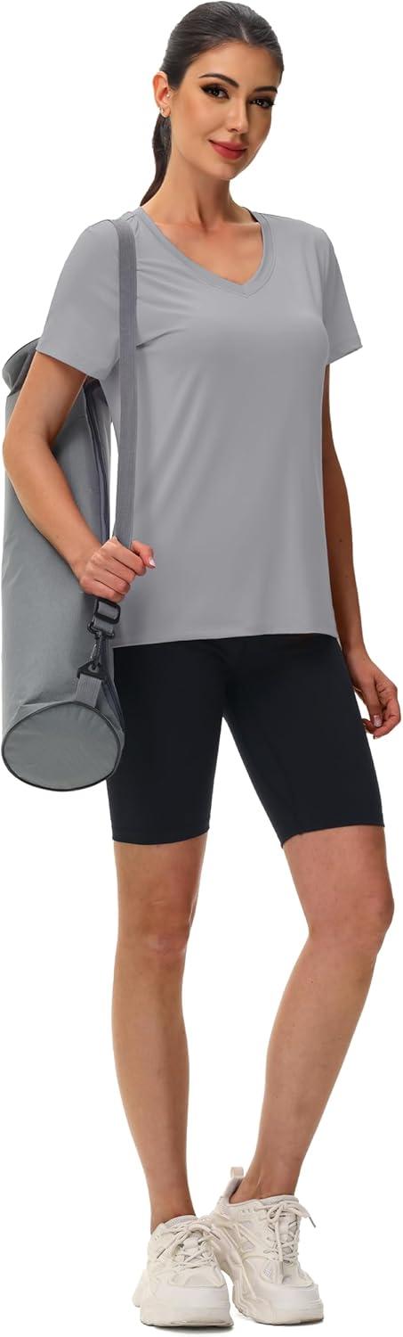 imageMAGCOMSEN Workout Tops for Women UPF 80 VNeck Short Sleeve Tee Shirt Quick Dry T Shirts Gym Athletic Yoga TopLightgrey