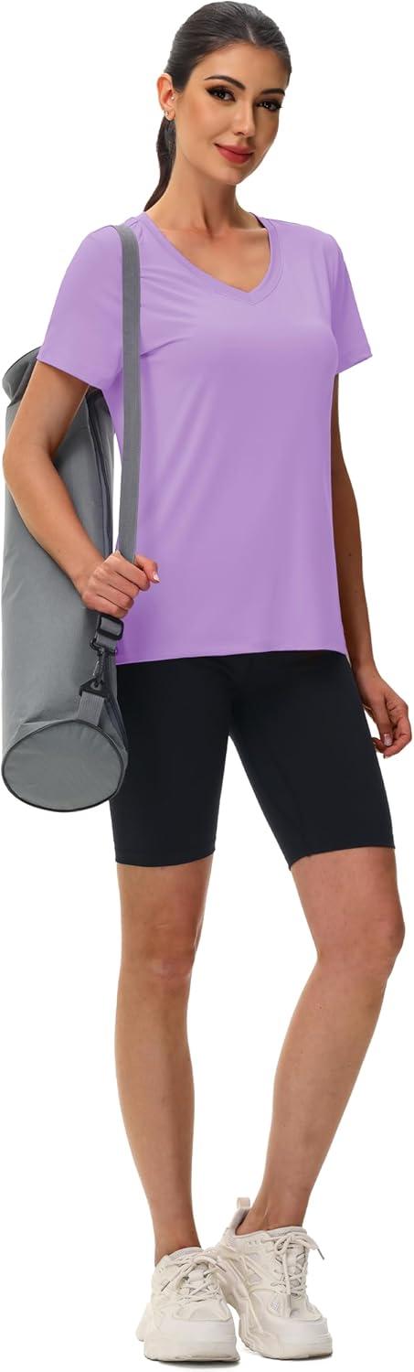 imageMAGCOMSEN Workout Tops for Women UPF 80 VNeck Short Sleeve Tee Shirt Quick Dry T Shirts Gym Athletic Yoga TopLightpurple