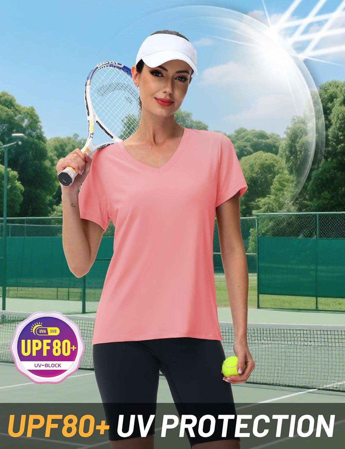 imageMAGCOMSEN Workout Tops for Women UPF 80 VNeck Short Sleeve Tee Shirt Quick Dry T Shirts Gym Athletic Yoga TopPink