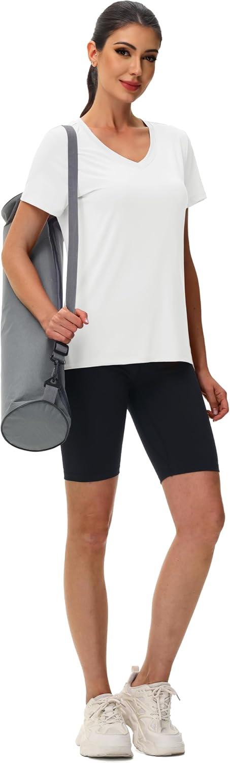 imageMAGCOMSEN Workout Tops for Women UPF 80 VNeck Short Sleeve Tee Shirt Quick Dry T Shirts Gym Athletic Yoga TopWhite
