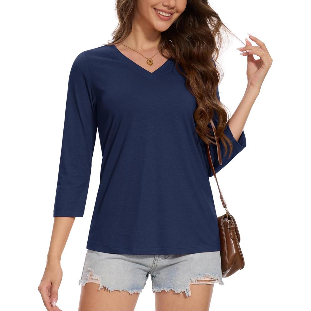 imageMAGCOMSEN 34 Sleeve T Shirts for Women V Neck Tshirts Cotton UPF50 Summer Tops Casual TShirts Basic Tees 2025Navy