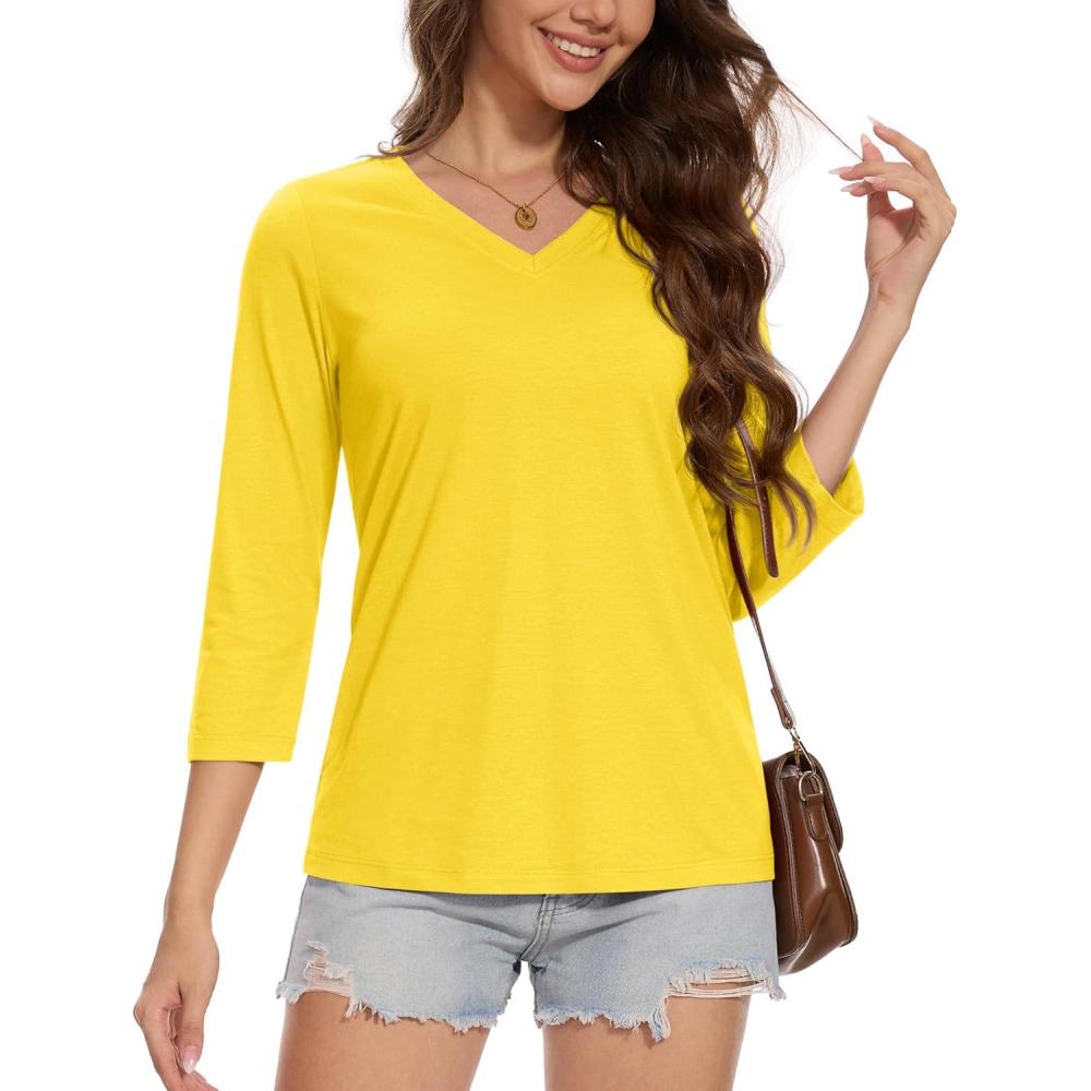 imageMAGCOMSEN 34 Sleeve T Shirts for Women V Neck Tshirts Cotton UPF50 Summer Tops Casual TShirts Basic Tees 2025Yellow