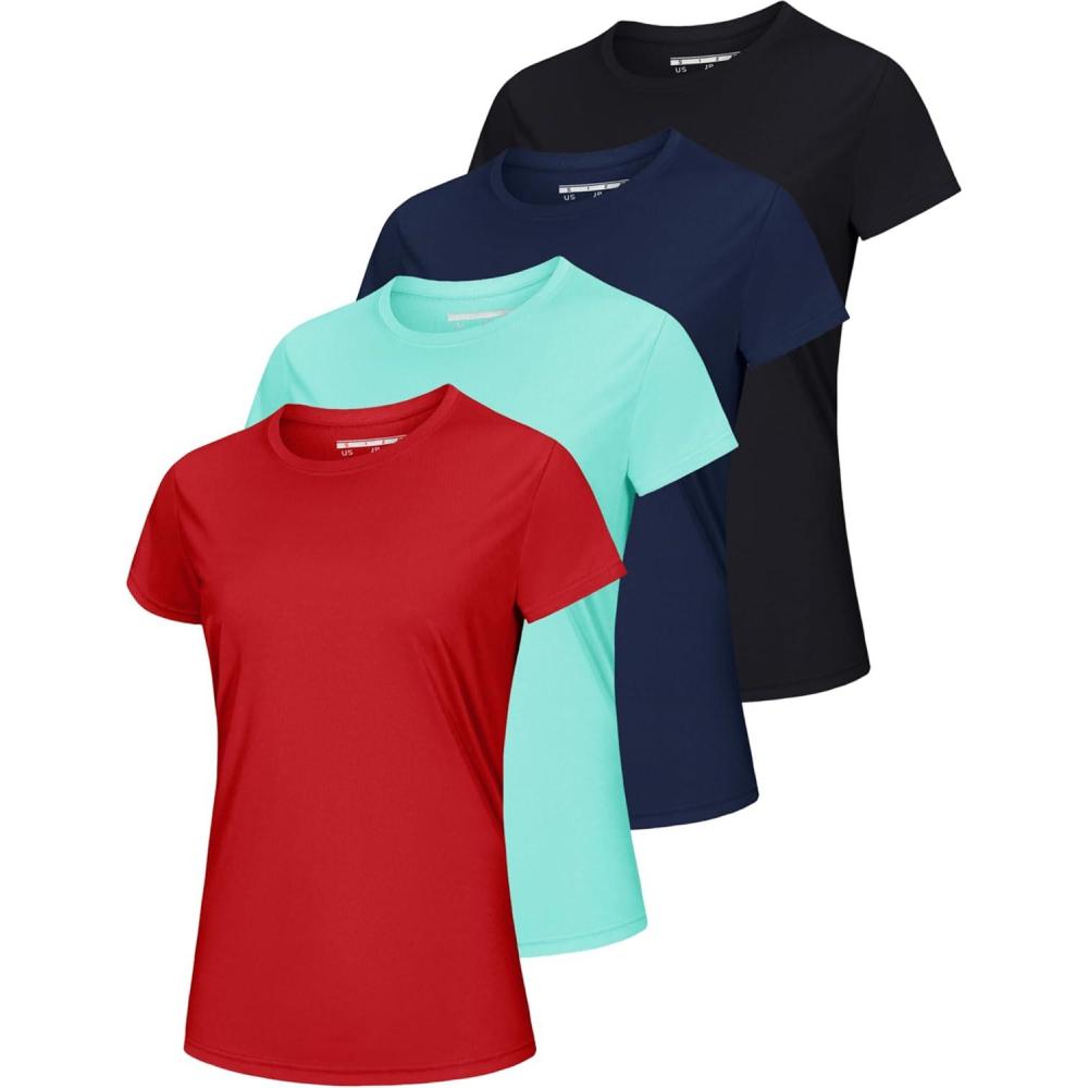 imageMAGCOMSEN 4 Pack Womens Short Sleeve Workout TShirts UPF 50 Moisture Wicking Rash Guard Dry Fit Athletic Running TopsBlack  Navy  Tomato Red  Lake Blue