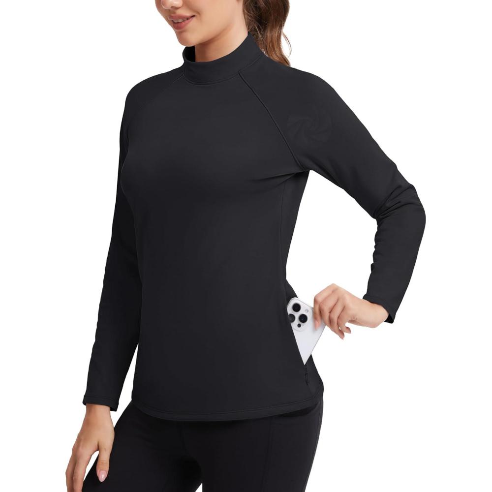 imageMAGCOMSEN Thermal Shirts for Women Mock Turtneck Long Sleeve Tops Fleece Pullover Workout Running Winter Base LayerBlack