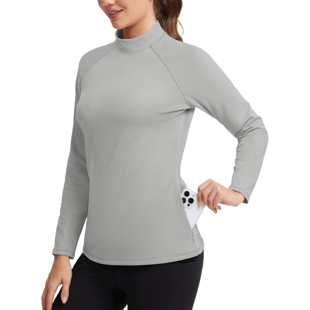 imageMAGCOMSEN Thermal Shirts for Women Mock Turtneck Long Sleeve Tops Fleece Pullover Workout Running Winter Base LayerLightgrey