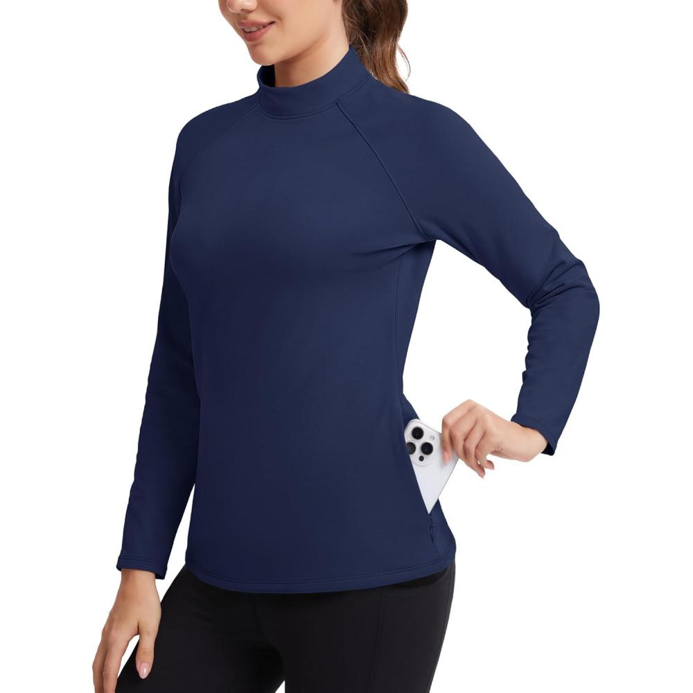 imageMAGCOMSEN Thermal Shirts for Women Mock Turtneck Long Sleeve Tops Fleece Pullover Workout Running Winter Base LayerNavyblue