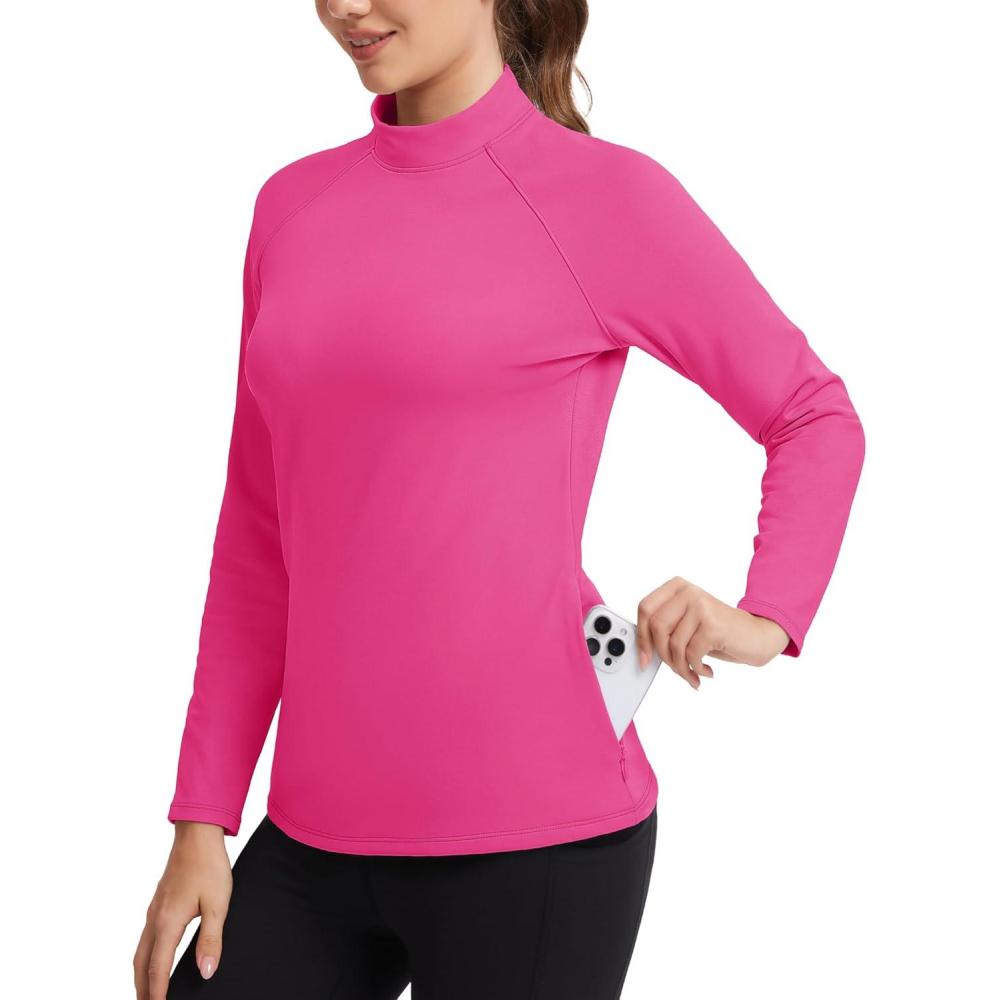 imageMAGCOMSEN Thermal Shirts for Women Mock Turtneck Long Sleeve Tops Fleece Pullover Workout Running Winter Base LayerRosered