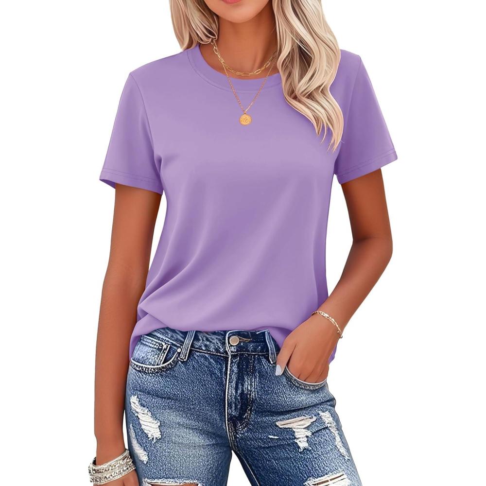 imageMAGCOMSEN Womens Cotton TShirts ShortSleeve Shirts CrewNeck Tops ClassicFit Breathable Casual Summer TeesAlight Purple