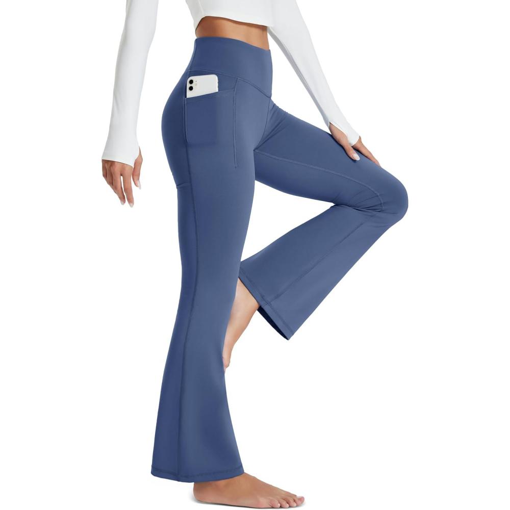imageMAGCOMSEN Womens Flare Yoga Leggings High Waisted Bootcut Pants with Pockets Tummy Control Work Dress Bell Bottom PantsBlue