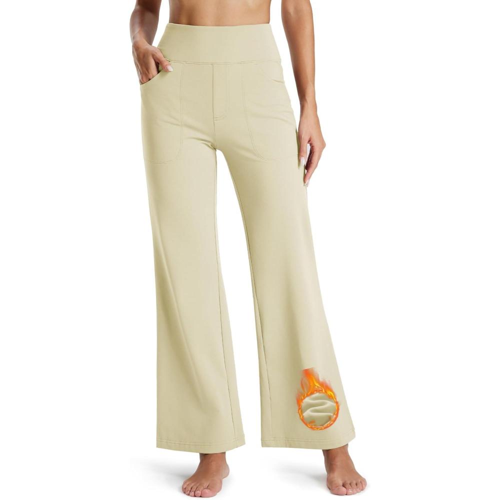 imageMAGCOMSEN Womens Fleece Lined Pants Waterproof High Waist Wide Leg Yoga Work Pants Warm Winter Sweatpants with PocketsLight Apricot