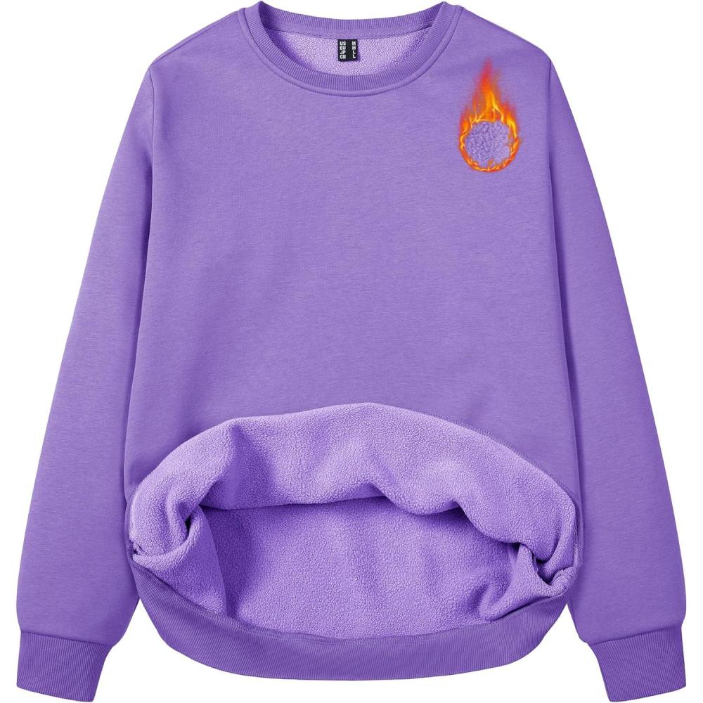 imageMAGCOMSEN Womens Fleece Lined Sweatshirt Crewneck Cotton Pullover Fall Winter Casual Long Sleeve Warm Soft TopsLight Purple