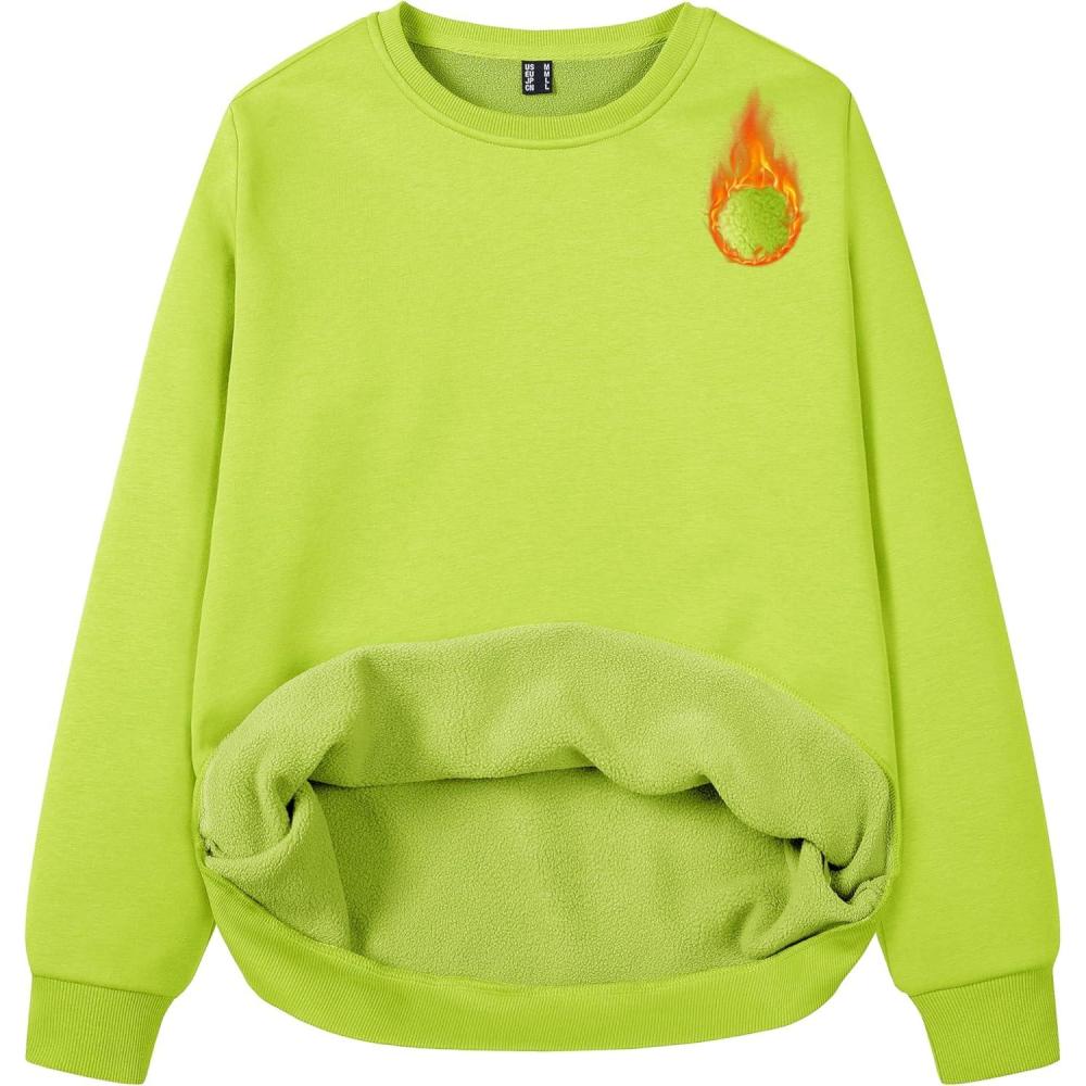 imageMAGCOMSEN Womens Fleece Lined Sweatshirt Crewneck Cotton Pullover Fall Winter Casual Long Sleeve Warm Soft TopsYellow Green